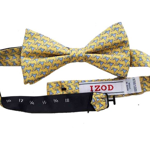IZOD Bow Tie Pre-Tied Yellow Blue Martini Glass Pattern Silk Men's OS Adjustable - Picture 2 of 2
